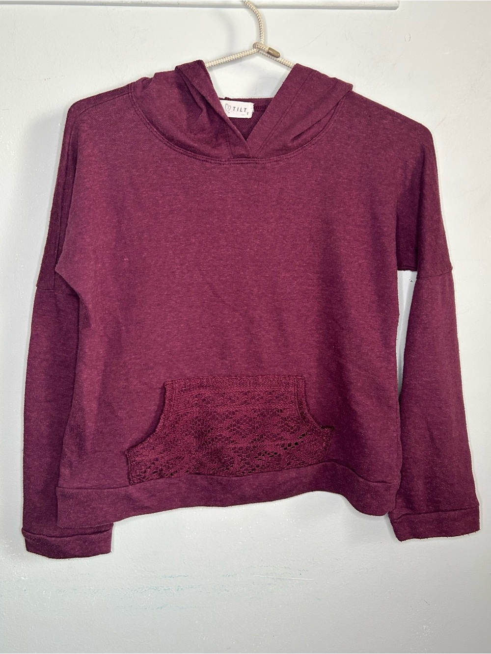Full Tilt Girls Maroon Burgundy Knit Hoodie Sweatshirt with Lace Pocket Detail